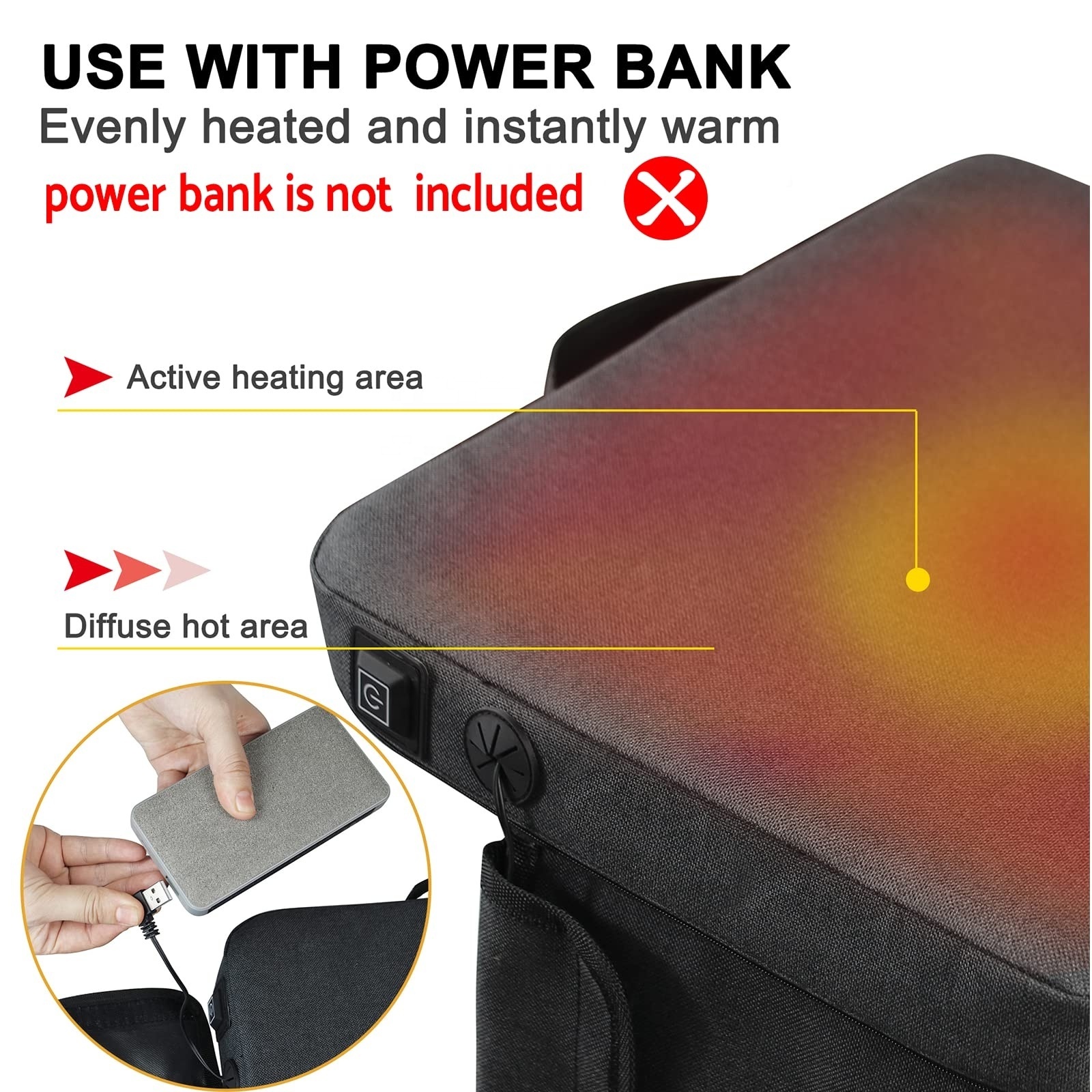 Workingfish Non-Slip Bottom Waterproof Fabricn Memory Foam Portable 149F USB Battery Heated Seat Cushion For Office Chair Car