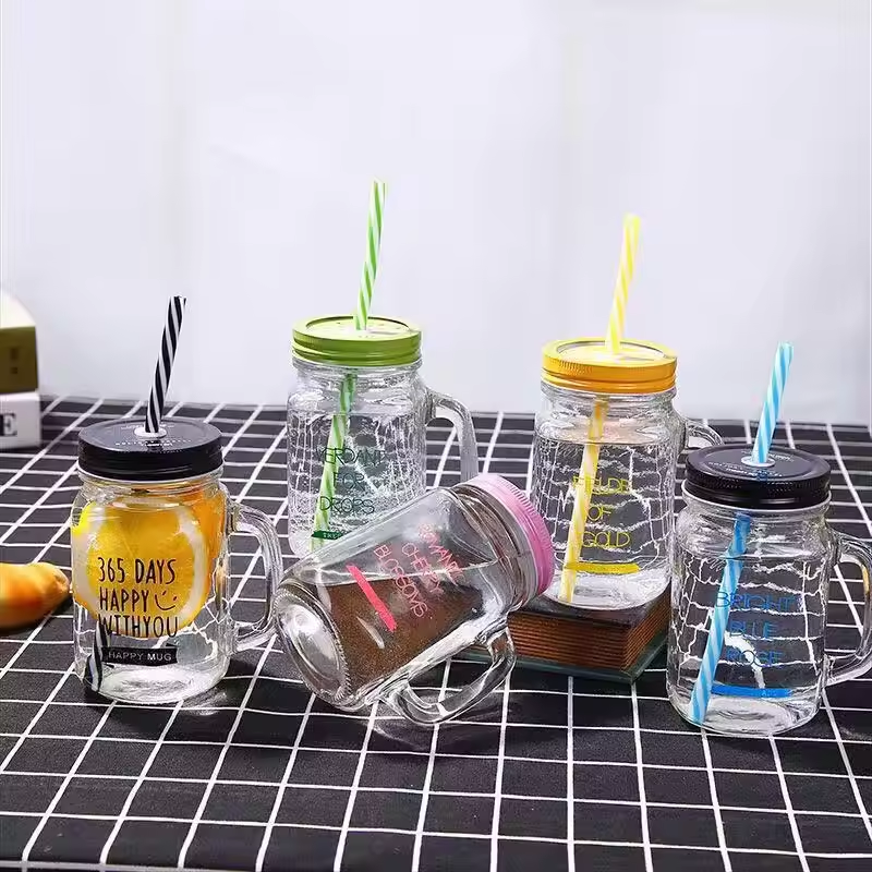 Cold Drinking Handle Jars Gifts Transparent Beverage Juice Bottle With Lid Water Cup Mug Glass Storage Mason Jar