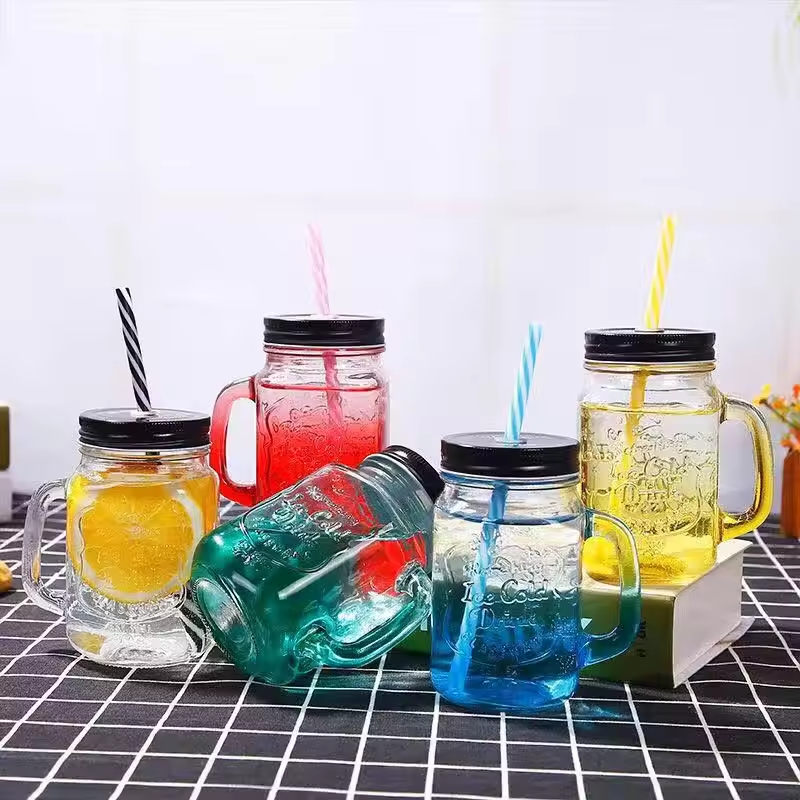 Cold Drinking Handle Jars Gifts Transparent Beverage Juice Bottle With Lid Water Cup Mug Glass Storage Mason Jar