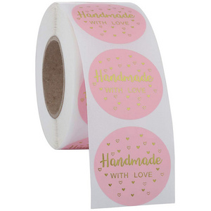 1.5" Round Handmade with Love Stickers Roll of 500 Labels Pink with Gold Foil Stickers for Local Handmade Packaging