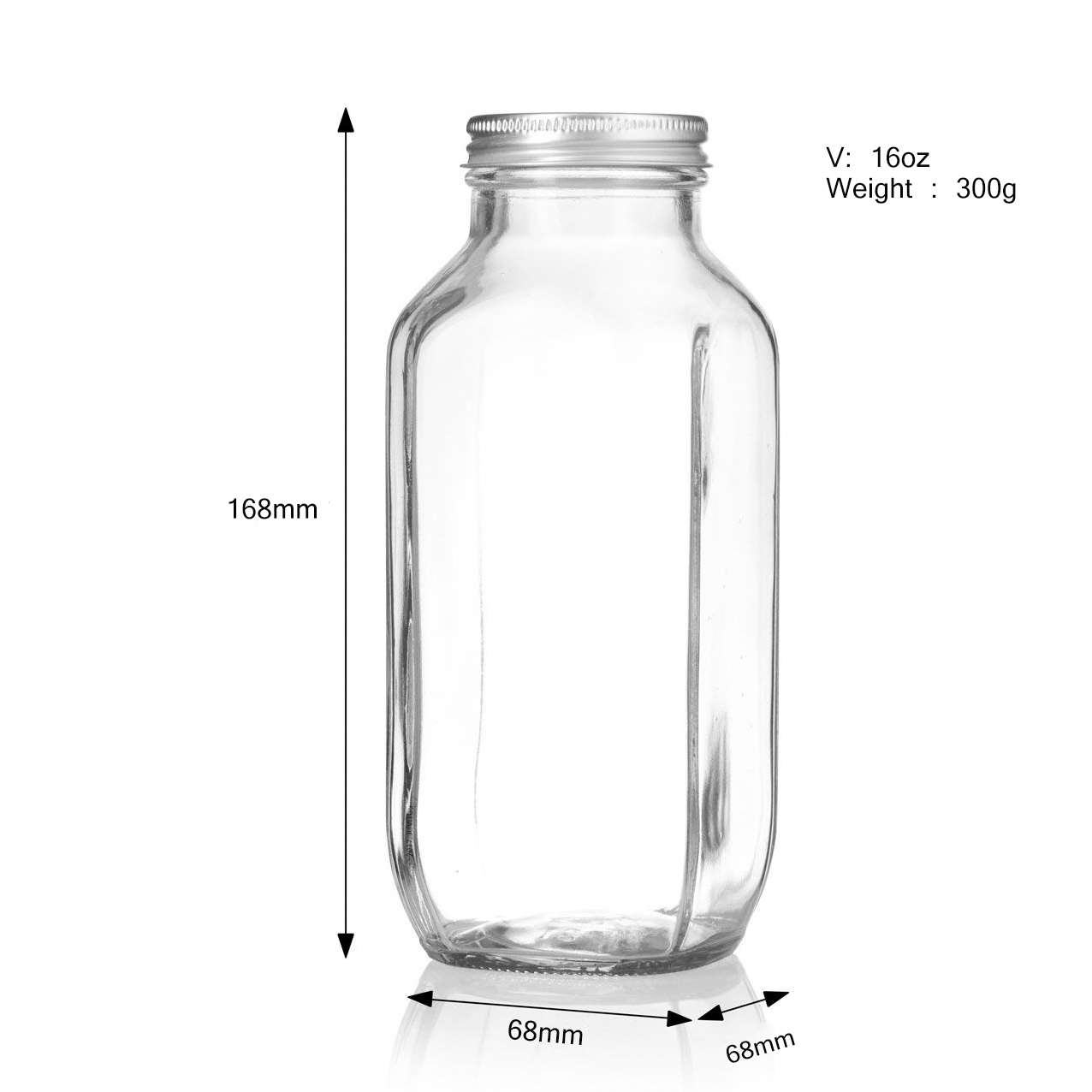 2oz 3oz 4oz 6oz 8oz 16oz 32oz Juice milk french SQUARE Glass bottle with aluminum cap plastic cap