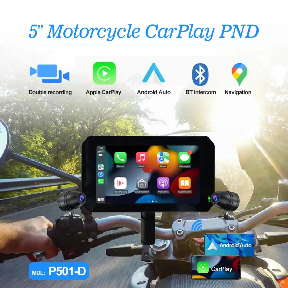 Autoway Waterproof Wireless Carplay for Motorcycle 5'' Touch Screen Android Auto with GPS TMPS Anti-shake Night Version Cameras