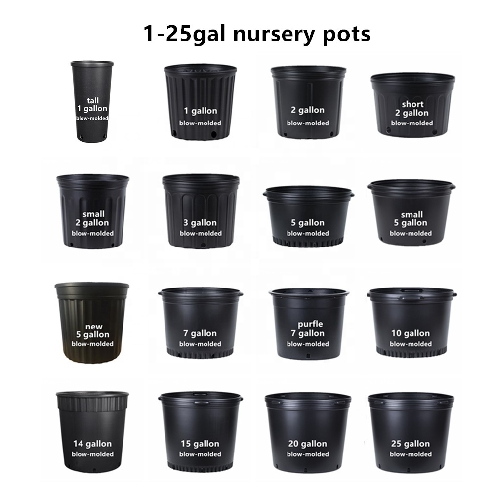 Outdoor Heavy Duty Black Plastic Logo 6 Inch One 15 5 20 7 3 Gallons Flower nursery Planter Blow Mold Pot Gallon Pots For Trees