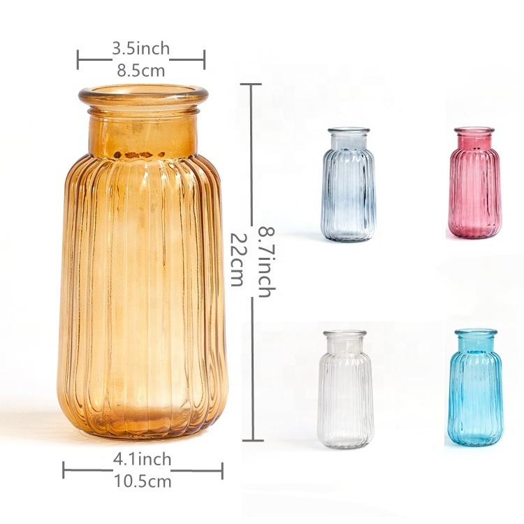 Modern Tabletop Translucent Glass Sea Vases Striped Small Amber Transparent Home Decor Flower Vase With Narrow Neck