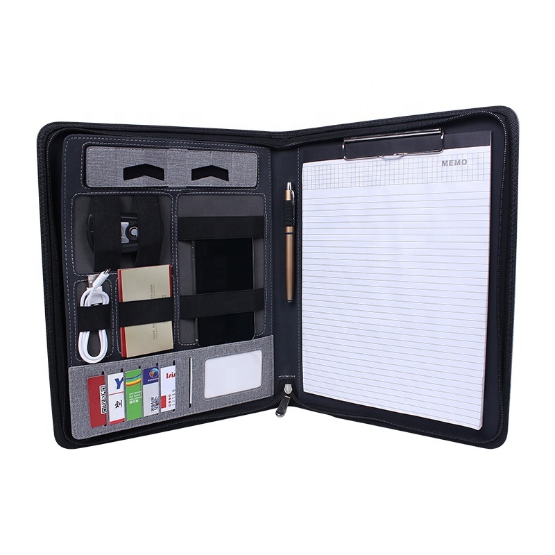 new arrival A4 leather business zipper folder portfolio notebook Powerbank Padfolio