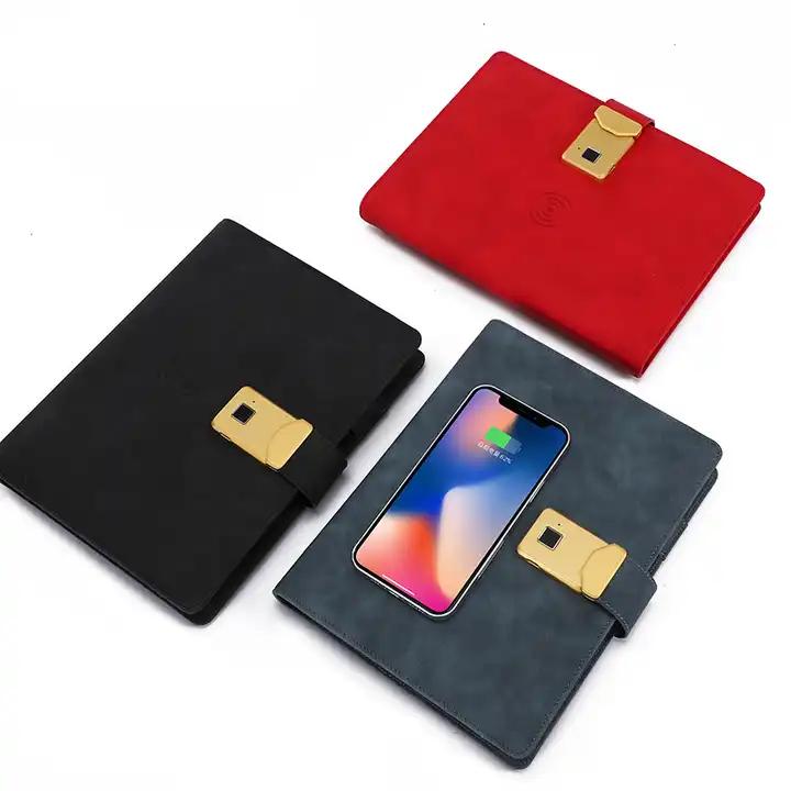 Popular customized A5 charging notebook in fingerprint lock powerbank notebook with diary