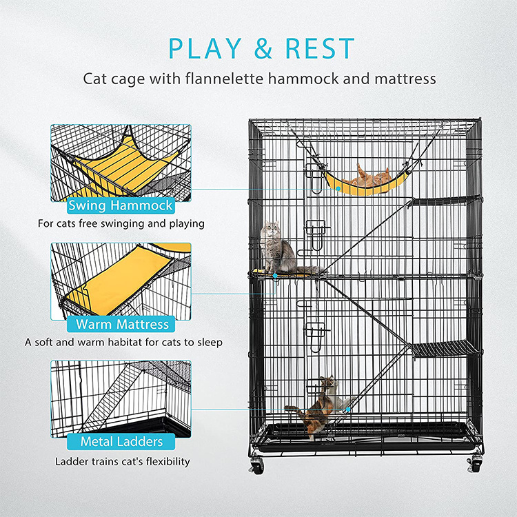 Collapsible Metal Cat Kitten Ferret Cage All Direction Rotating Casters Enclosure Animal Cage with Ramp Ladders Hammock and Bed