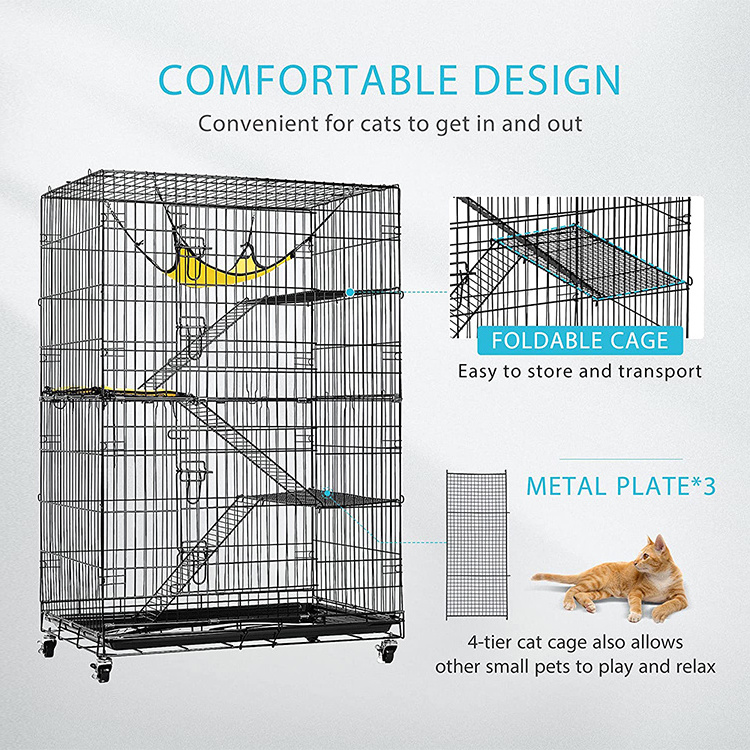 Collapsible Metal Cat Kitten Ferret Cage All Direction Rotating Casters Enclosure Animal Cage with Ramp Ladders Hammock and Bed