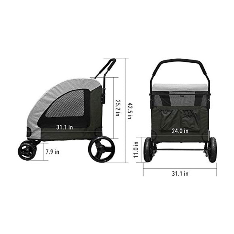 2 Dogs Use With Breathable Mesh Window and  Storage Space Pet Travel Bag Cart Carrier Four-Wheel Pet Stroller For Small Animals