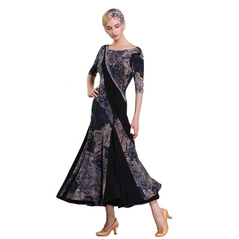 M-1652 Modern dance practice dress adult elegant printed ice silk contrast square ballroom dance practice dress for sale