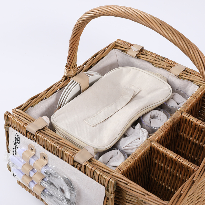 Folding Wicker Picnic Basket Set For 4