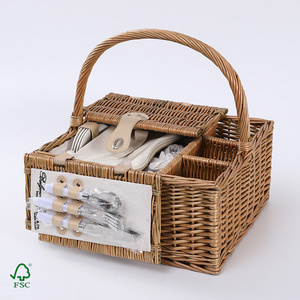 Folding Wicker Picnic Basket Set For 4