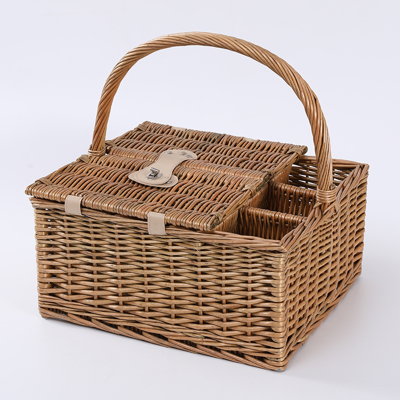 Folding Wicker Picnic Basket Set For 4