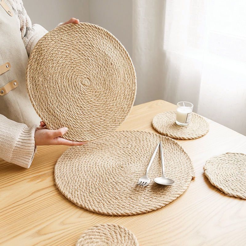 Japanese Heat resistant Holder Rattan Cup Coasters Dining Table Mat Hand Woven cotton rope linen Placemats