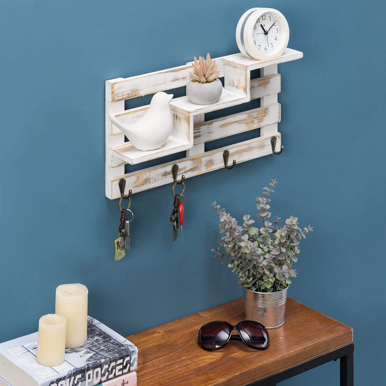 washing white  wood wall-mounted photo plant ornaments multi-level stair shelves with key hooks