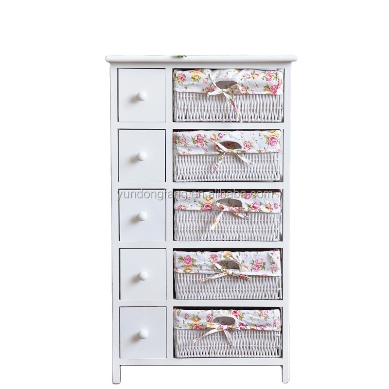 Solid wood furniture storage wooden cabinet with rattan baskets and drawers