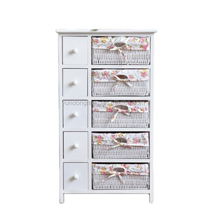 Solid wood furniture storage wooden cabinet with rattan baskets and drawers