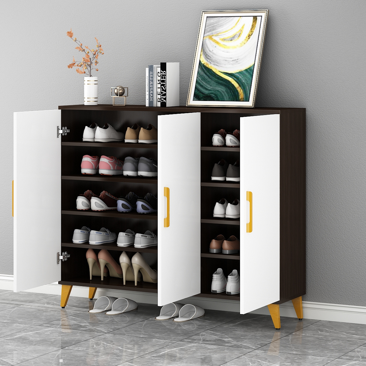 Modern white KD wood shoes cabinet with many shelves