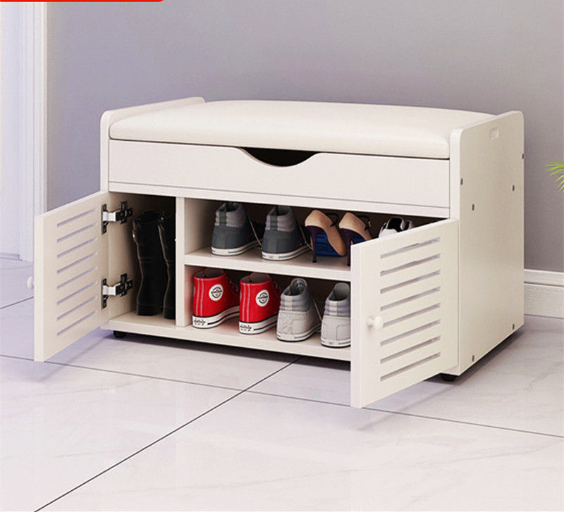 Bed End Stool Shoe Storage Bench with Seat Cushion - Solid Wood Ottoman Hallway Bench Shoes Rack/Shoes Cabinet