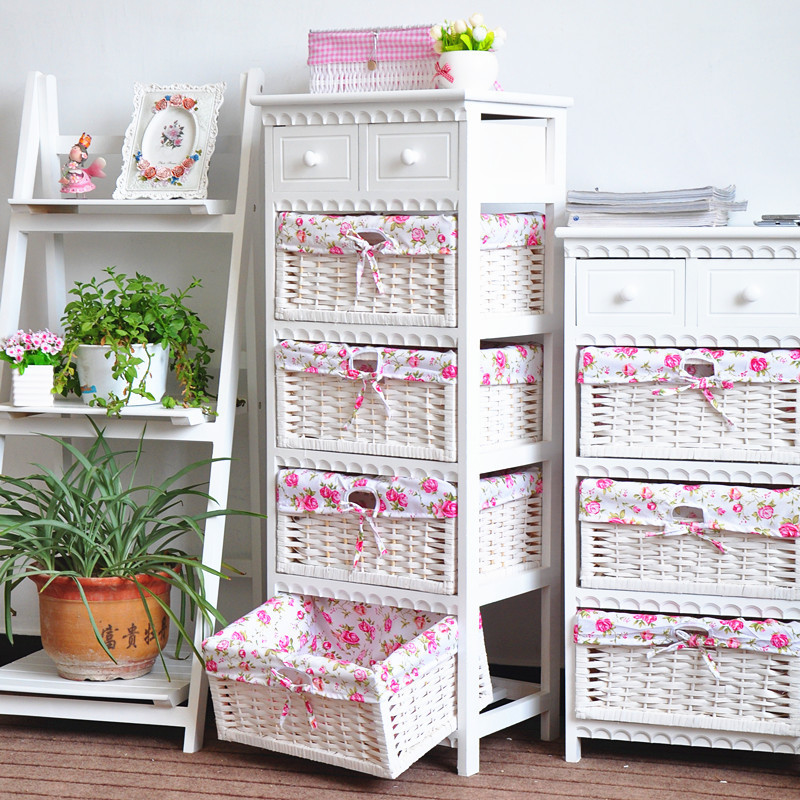 Rustic retro white floral old solid wood nightstand wicker drawer storage storage