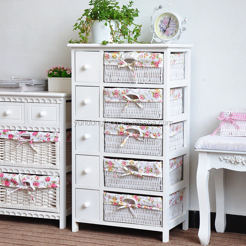 Solid wood furniture storage wooden cabinet with rattan baskets and drawers