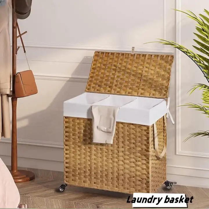 Home laundry basket with handle Toy storage basket PE rattan woven hand-woven basket organizer with wheels and lid