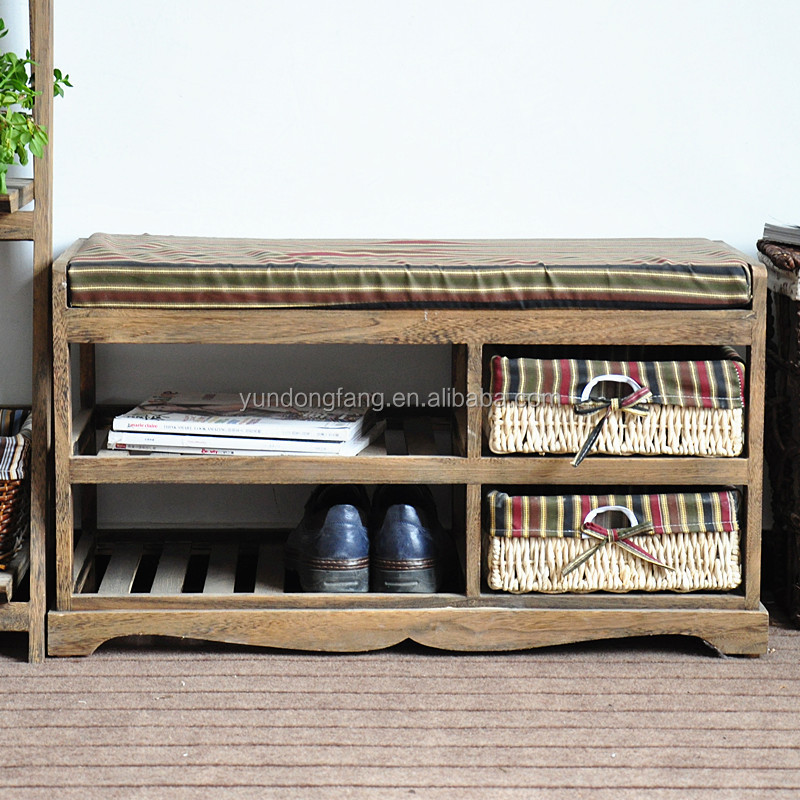 Antique Shoe Cabinet Wooden Storage Seat Shoe Racks Bench Living Room Creative with Basket Drawers Home Wood