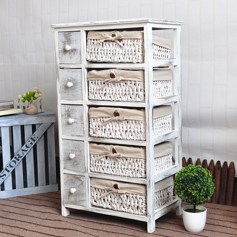 Wholesale White Bedside Table Night Stand Wood Organizer Cabinet 5 Drawers Wicker Basket Storage