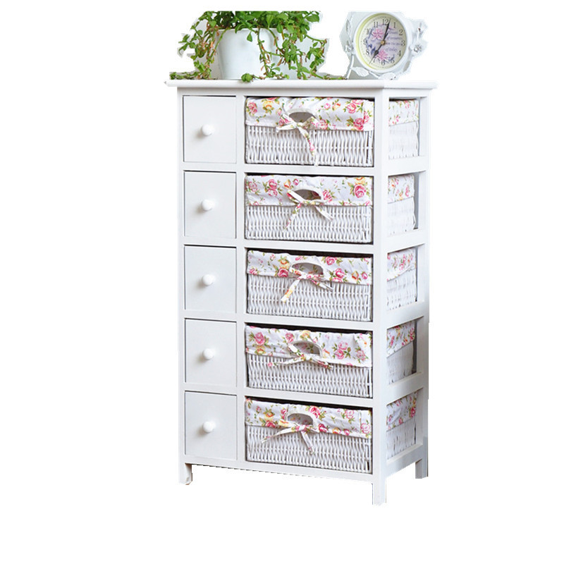 Wholesale White Bedside Table Night Stand Wood Organizer Cabinet 5 Drawers Wicker Basket Storage