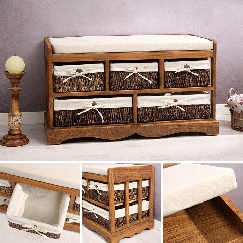 country style  wooden shoe rack with seat  Bench Seat Storage footstool Cabinet White Shabby 5 Wicker Baskets for home use