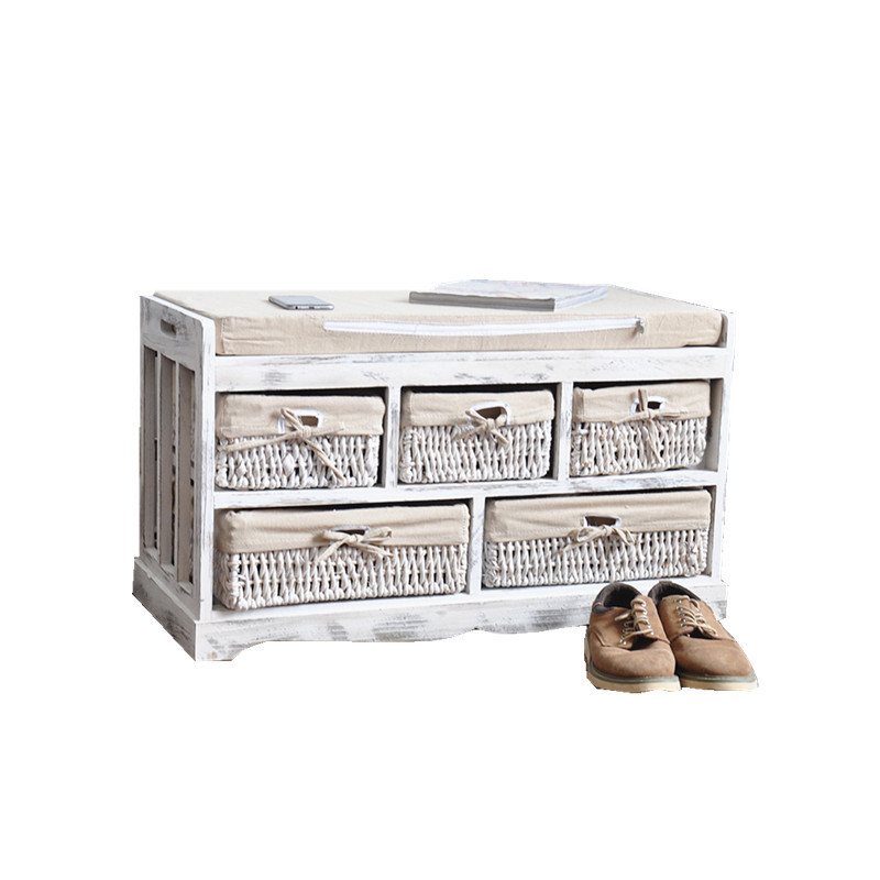 country style  wooden shoe rack with seat  Bench Seat Storage footstool Cabinet White Shabby 5 Wicker Baskets for home use