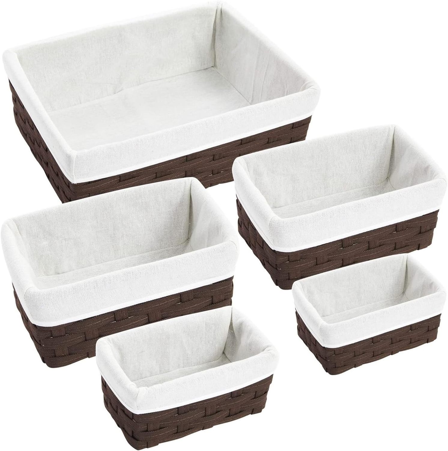 5-piece wicker nesting basket with cloth lining for pantry shelves, rectangular storage bin for organizing closets