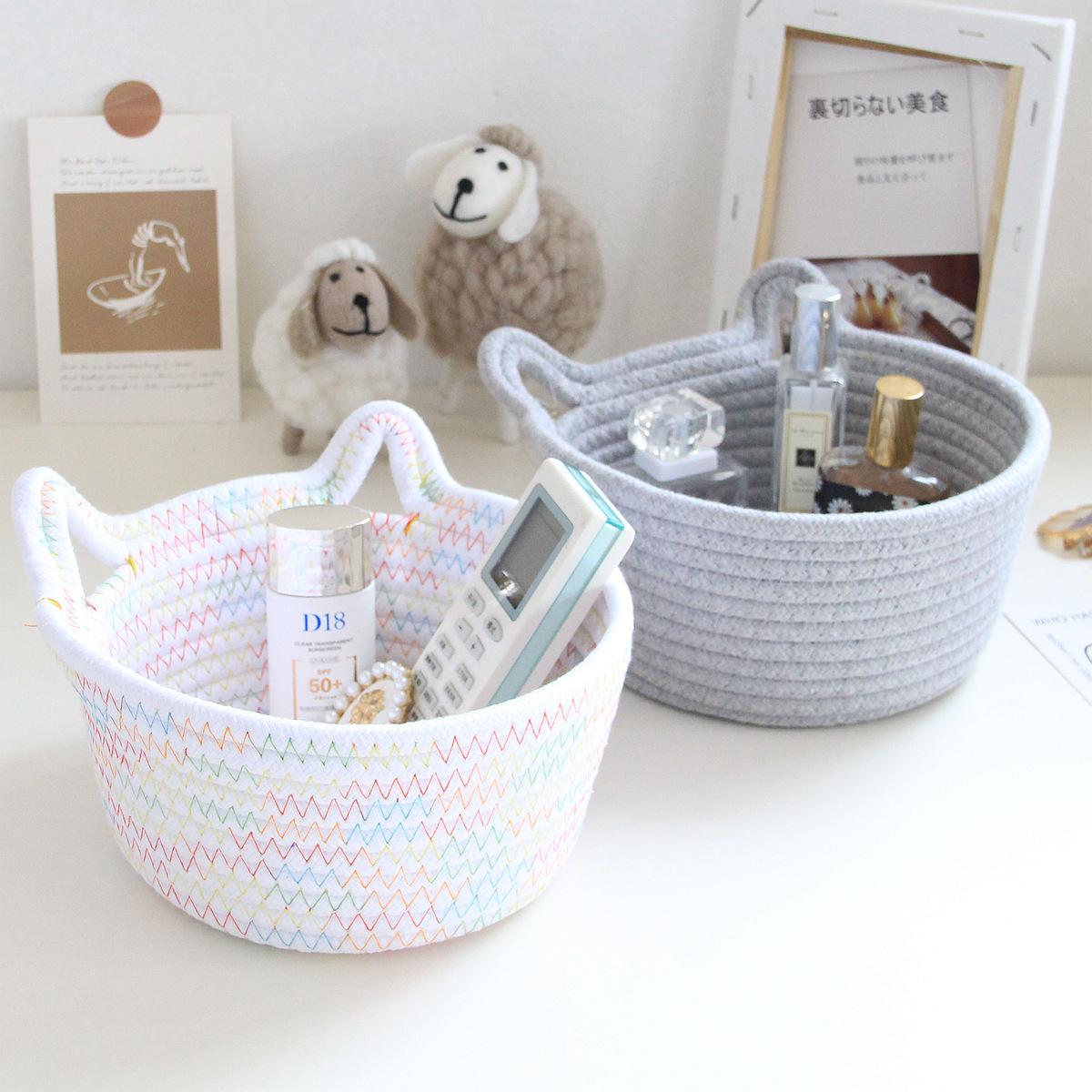 Small Round Dog Toy&Cat Toy Basket Decorative  Desk Storage Basket with Cat Ears Handles for Baby Pet Toy Storage