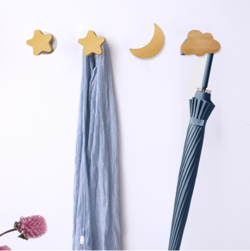 Solid wood hook stars moon clouds coat and hat hook handle hanger door behind the entrance free punch sticky hook