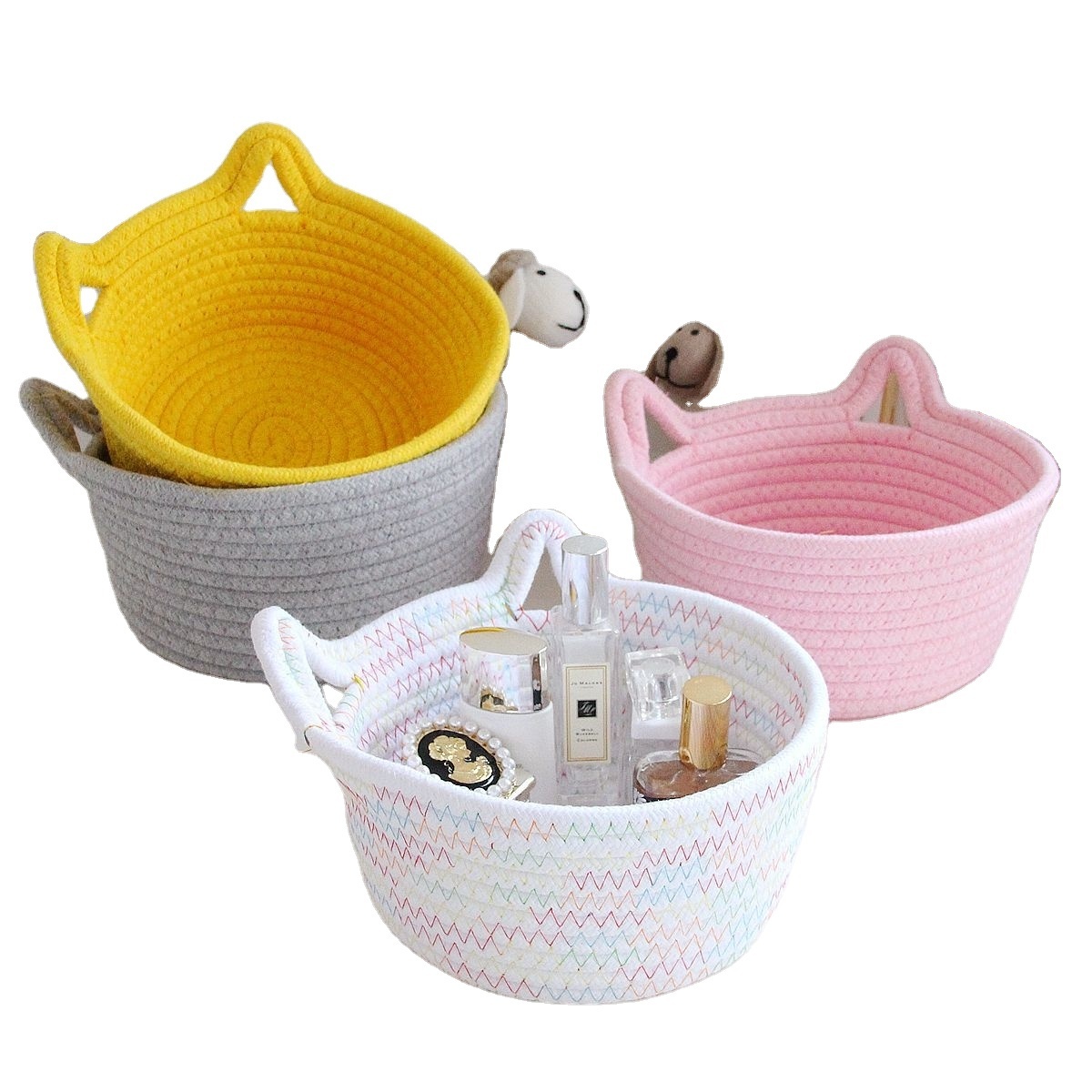 Small Round Dog Toy&Cat Toy Basket Decorative  Desk Storage Basket with Cat Ears Handles for Baby Pet Toy Storage