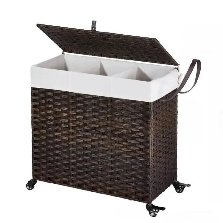 Home laundry basket with handle Toy storage basket PE rattan woven hand-woven basket organizer with wheels and lid