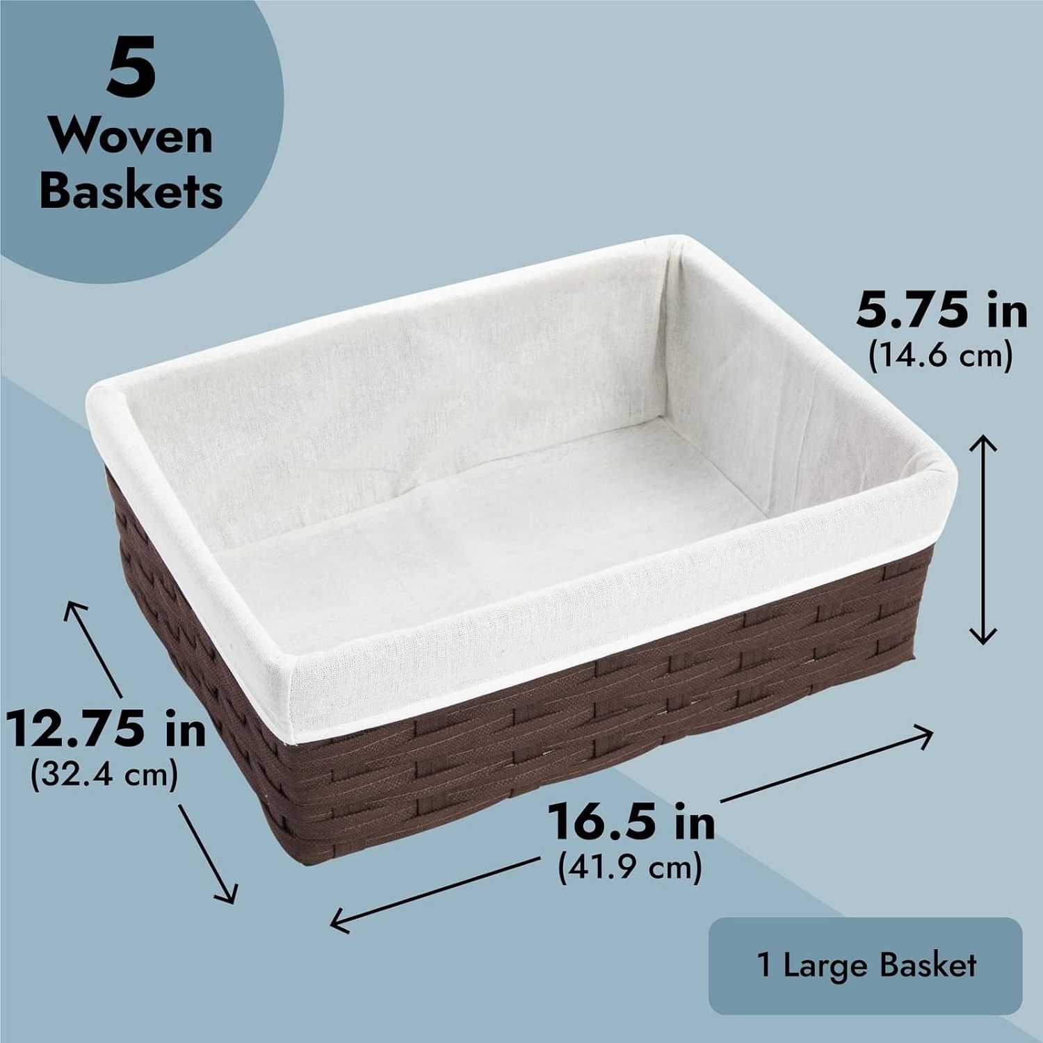 5-piece wicker nesting basket with cloth lining for pantry shelves, rectangular storage bin for organizing closets