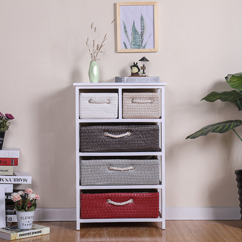 5 drawers white straw basket furniture wood storage cabinet