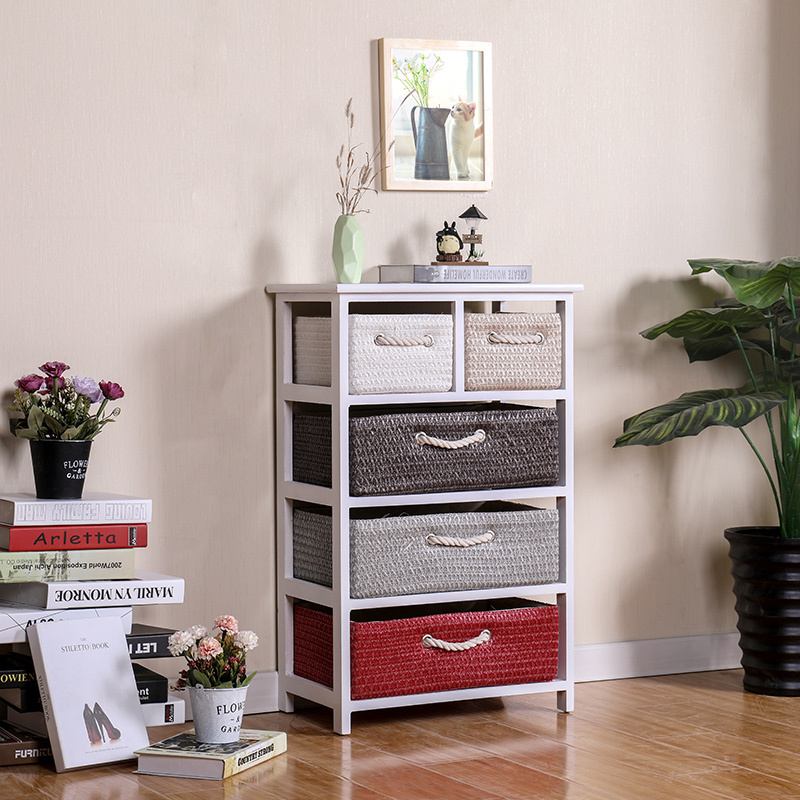 5 drawers white straw basket furniture wood storage cabinet