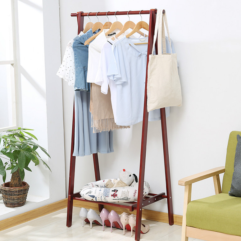 Movable Wooden Cloth and Shoe Hanger rack Coat rack with wheels