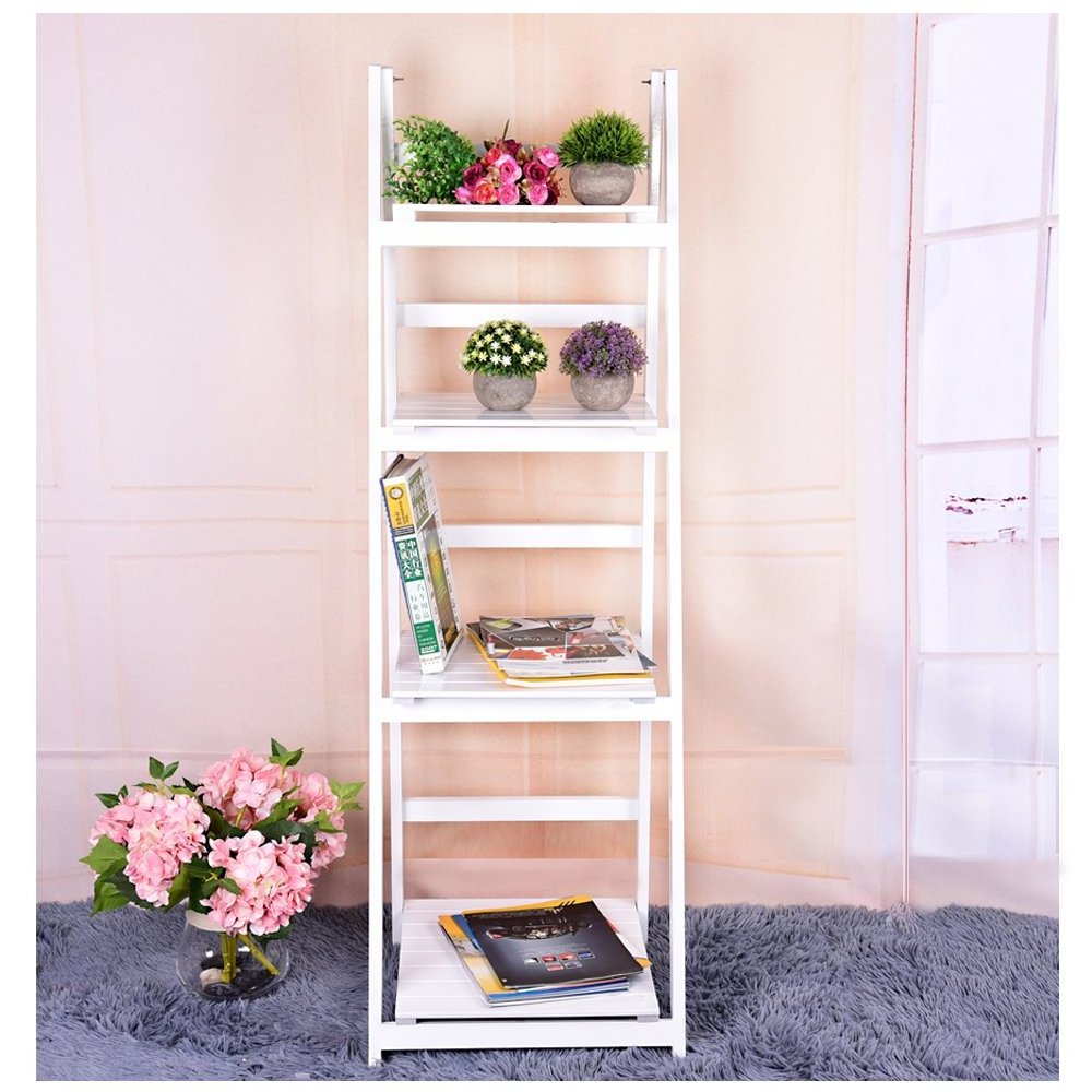 Flower Shelf Plant Stand Pot Rack Display Book 4-Tier Wooden Folding Ladder Storage Unit, White