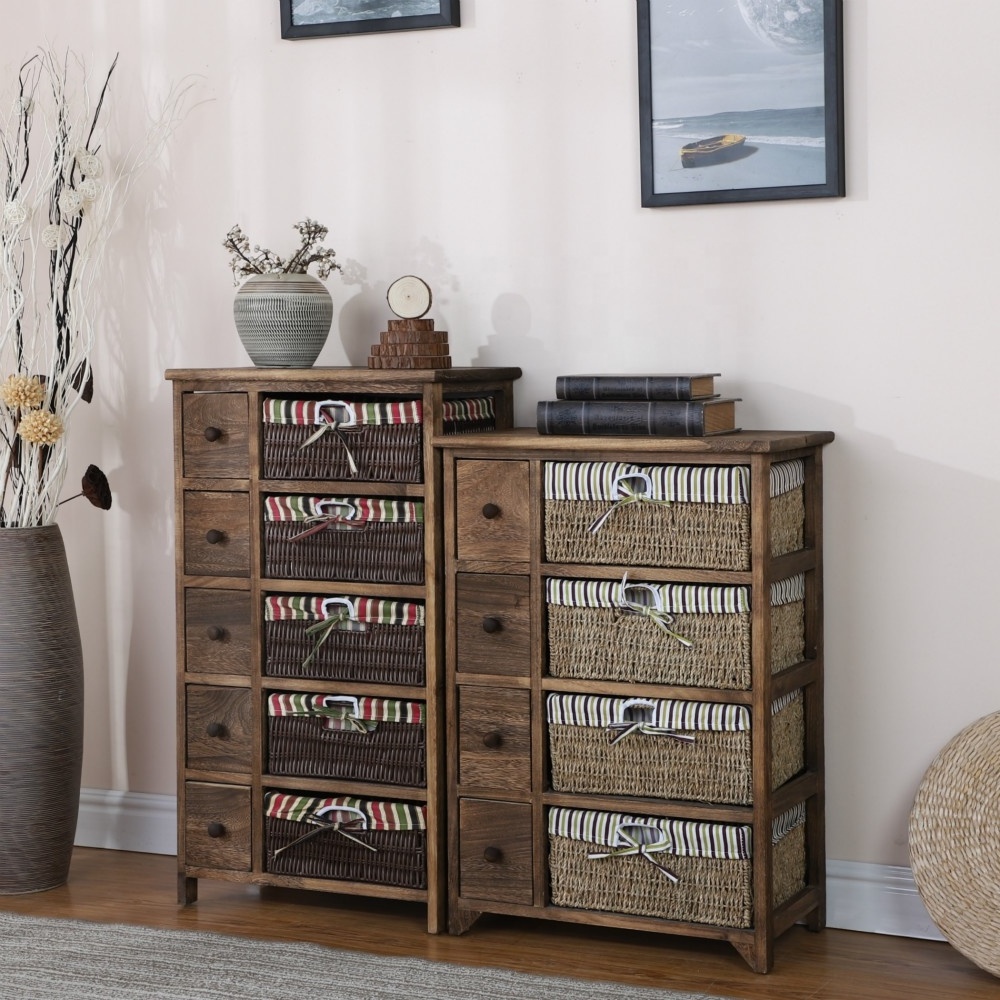 Brown Chest Of Drawers Shabby Chic Storage Unit Wicker Baskets Dark Wood Cabinet