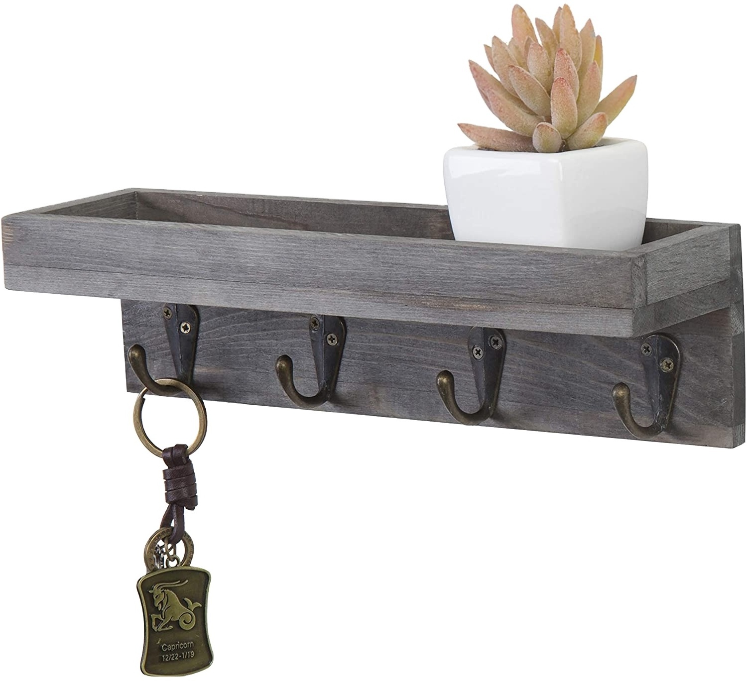 Floating wall shelf with hooks entry storage shelf with rustic match with metal key hooks Vintage Grey