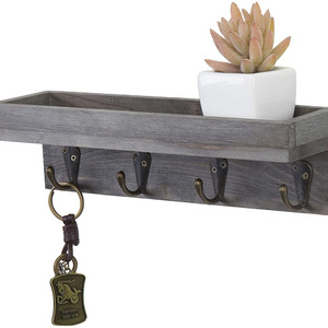 Floating wall shelf with hooks entry storage shelf with rustic match with metal key hooks Vintage Grey