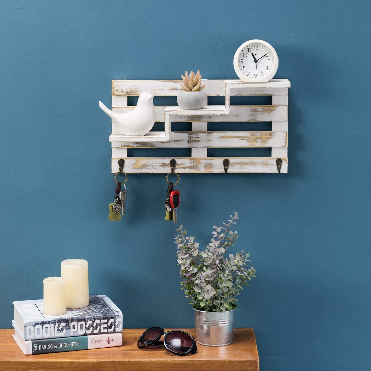 washing white  wood wall-mounted photo plant ornaments multi-level stair shelves with key hooks