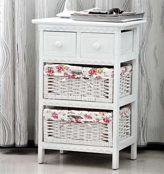 Rustic retro white floral old solid wood nightstand wicker drawer storage storage