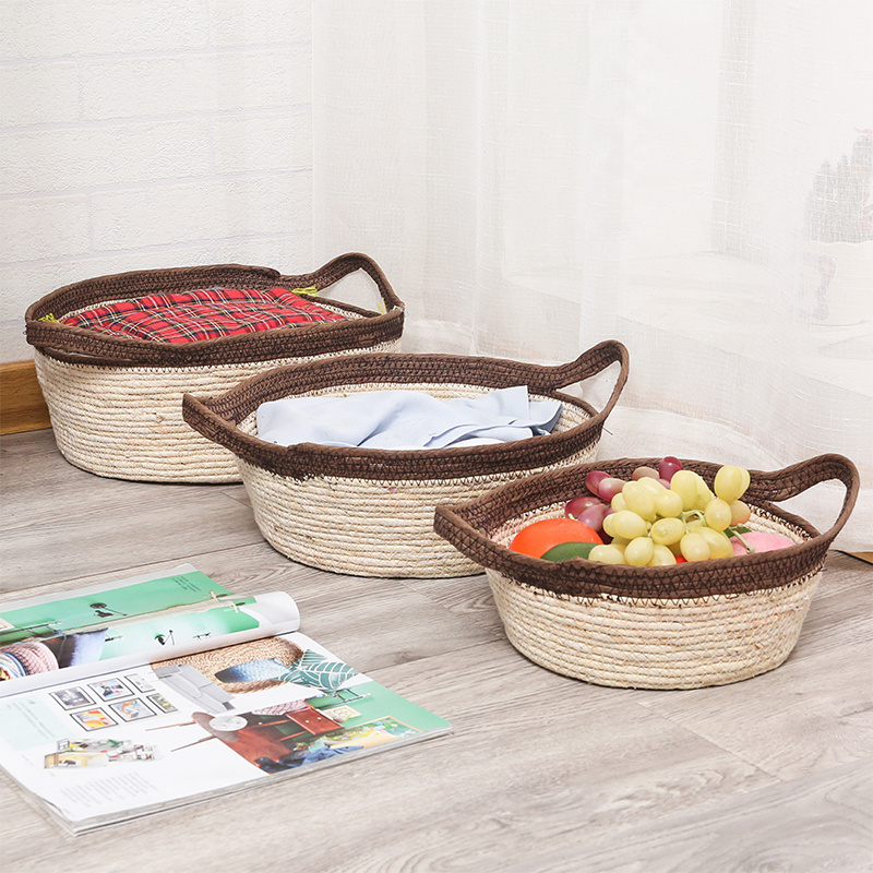 Handmade sea grass and corn husk woven storage basket