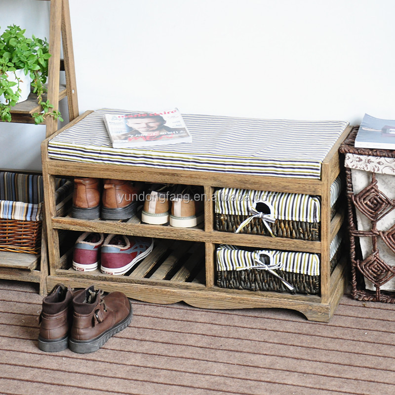 Antique Shoe Cabinet Wooden Storage Seat Shoe Racks Bench Living Room Creative with Basket Drawers Home Wood