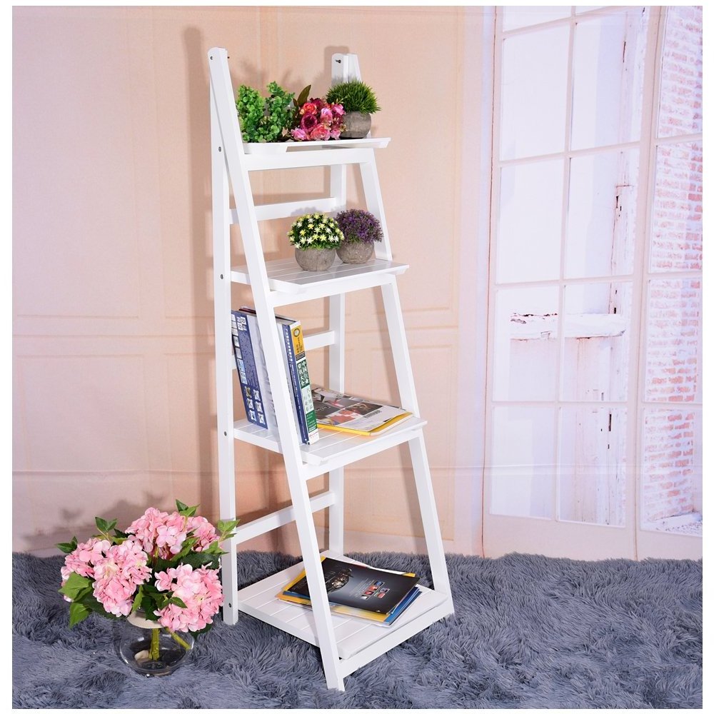 Flower Shelf Plant Stand Pot Rack Display Book 4-Tier Wooden Folding Ladder Storage Unit, White