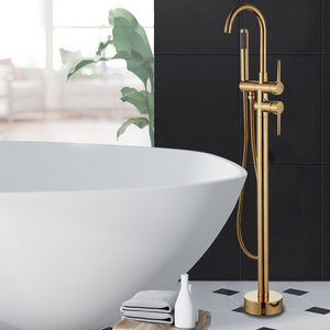 Yundoom Contemporary Copper Deck Floor Mounted Gold Brass Freestanding Classic Dual Handle Bathtub Shower Mixer Tub Faucet Set